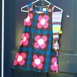 Mini Boden cord jumper Dress pop floral with striped tights size 7/8